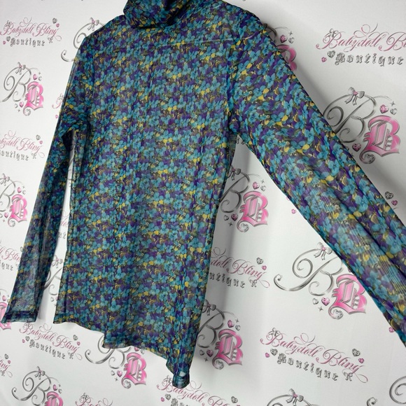 Tristan turtleneck mesh floral purple blue yellow stretchy top long sleeve sexy - Picture 2 of 9